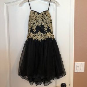 Black strapless dress w/ gold leaf appliqués